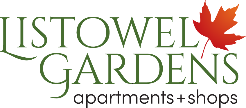 A logo for Listowel Gardens apartments and shops with a red maple leaf.